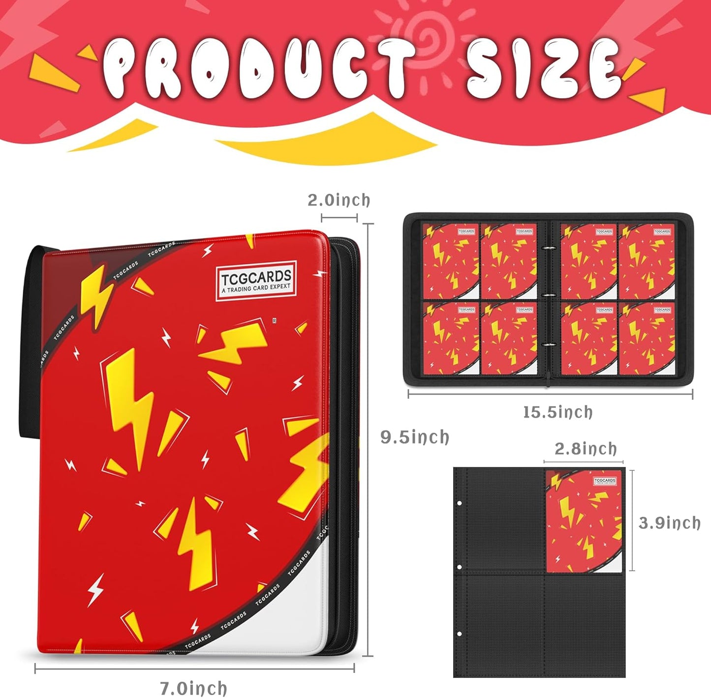 Trading Card Binder 4 Pocket，Card Binder 400 Pockets Card Book Holder Cards with 50 Removable Sleeves，3-Ring Zip Design MTG/TCG/Sport Collectible Trading Card Albums Gifts for Boys and Girls (Red)