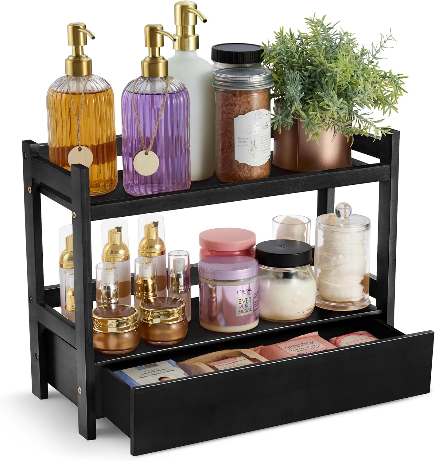 Sorbus Bamboo Bathroom Counter Organizer – 2-Tier Shelf with Hidden Drawer for Vanity, Matcha Station, Bathroom Sink Organizer Countertop, Kitchen & Office Storage (17″ L x 6.5″ W x 12.6″ H) (Black)