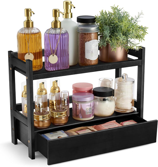 Sorbus Bamboo Bathroom Counter Organizer – 2-Tier Shelf with Hidden Drawer for Vanity, Matcha Station, Bathroom Sink Organizer Countertop, Kitchen & Office Storage (17″ L x 6.5″ W x 12.6″ H) (Black)