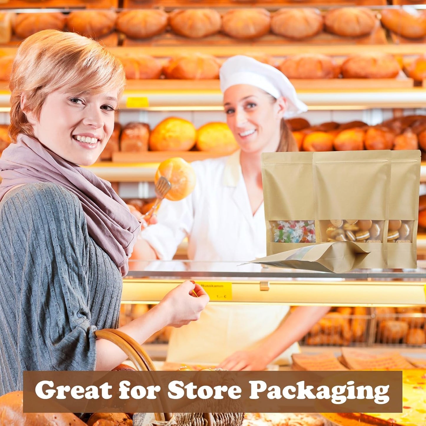 Geosar 150 Pcs Kraft Bags with Window 8.5 x 12.5 Inch Stand up Kraft Pouches Bulk Zipper Paper Pouches Food Storage Reusable Heat Sealable Bags for Packaging Home Business Office