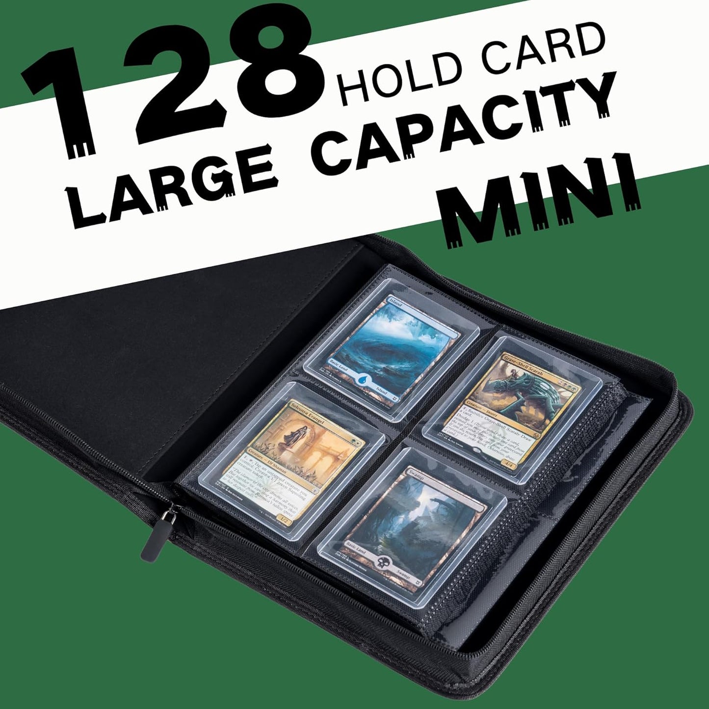 Toploader Binder, Holds 128+ Toploaders, 4 Pocket Top Loader Card Storage Case, Double-Sided Pockets for trading card in 3 x 4'' Toploaders（Green）