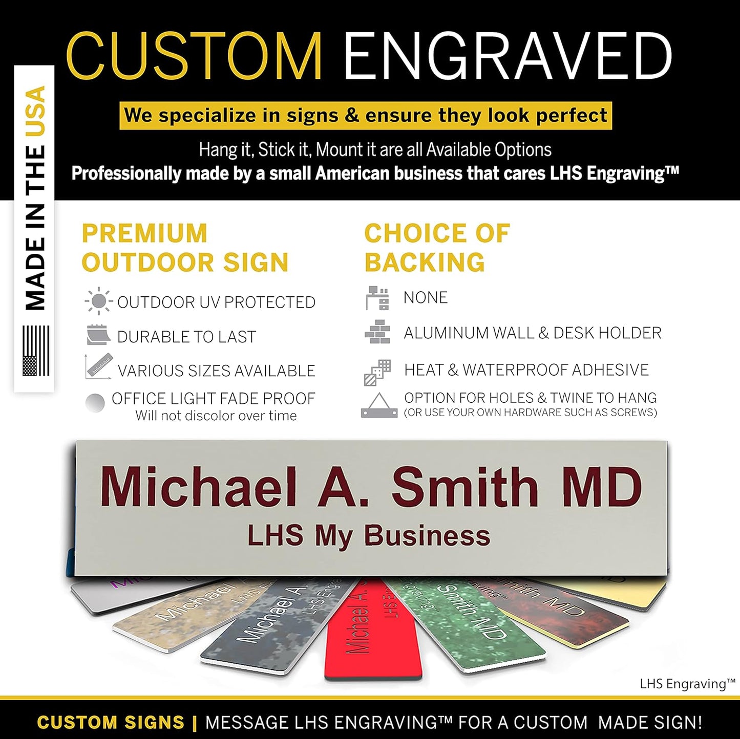 Engraved Name Plates for Door Sign Personalized Gray Plastic Plaque with Maroon Letters - Made in USA 2x12 B21