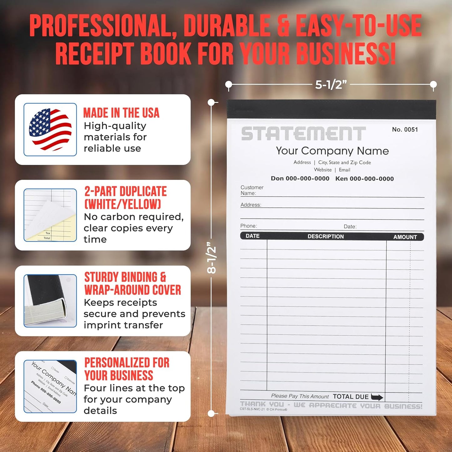 Generic Custom Statement - Personalized Duplicate Carbonless Form with Your Company Name - 2 Books (100 Sets) Numbered