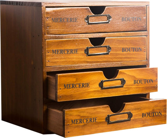 Stackable Apothecary Cabinet 4 Drawer Desk Organizer - Vintage Library Card Catalog Wood Storage Box - Office Desktop Dresser for Stationery, Thread Embroidery, Sewing, Crafts, Junk Drawer & Supplies