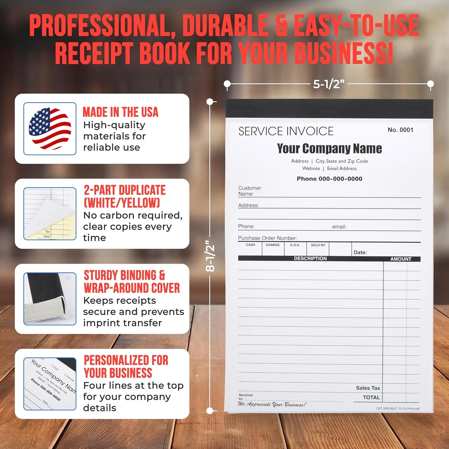 Custom Service Invoice Carbonless Form with Your Company Name - 2 Books (100 Sets) Numbered