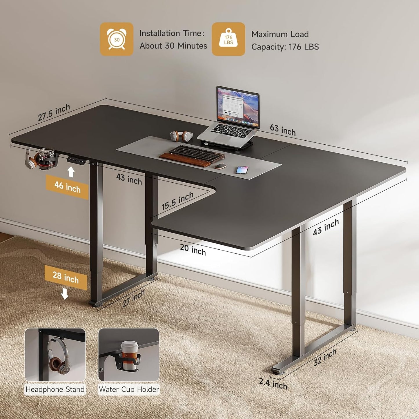 L Shaped Standing Desk, 63x43 Inches Electric L Stand Up Desk with 4 Legs, Dual Motor and Memory Controller, Adjustable Height from 28-46 Inches for Home and Computer Workstation, Black