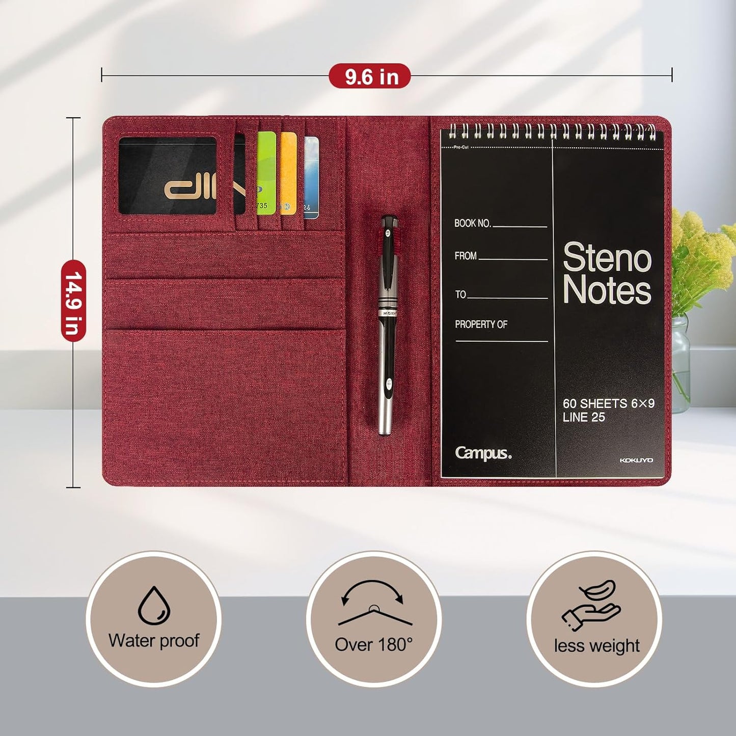 Journal Cover for Rocketbook Flip | Executive Size 6"x8.8" Fits A5, 6"x9" Steno Pad/Notebook & Top Spiral Notepad | Waterproof Protective Case with Pen Loop Holder & File Storage (Red)