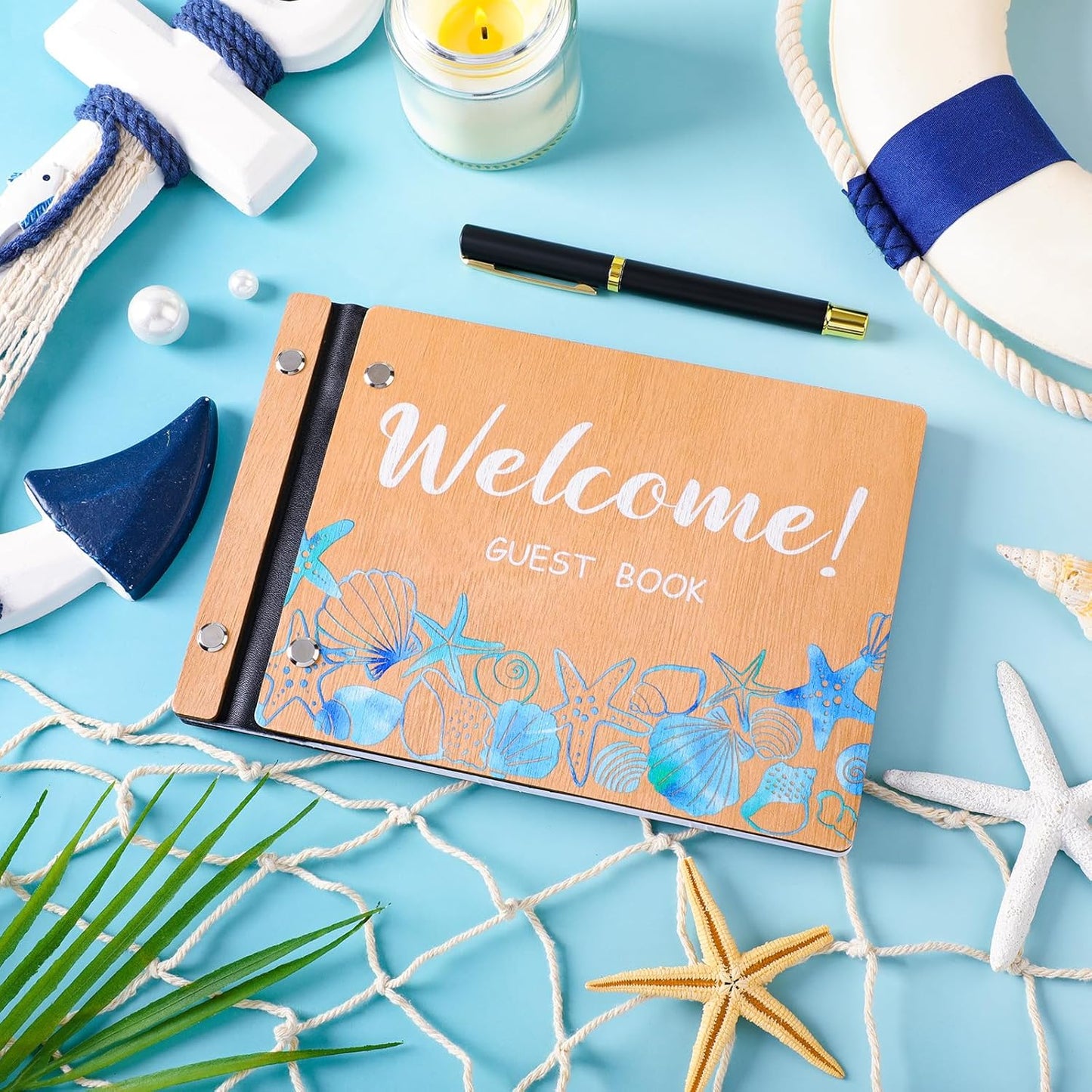 Welcome Guest Book Wood Cover Summer Beach Guest Book Vacation Home Scrapbook with Pen 8 x 6 Inches Visitor Log Book with 120 Pages for Vacation Home Host Ocean Beach Nautical Journal