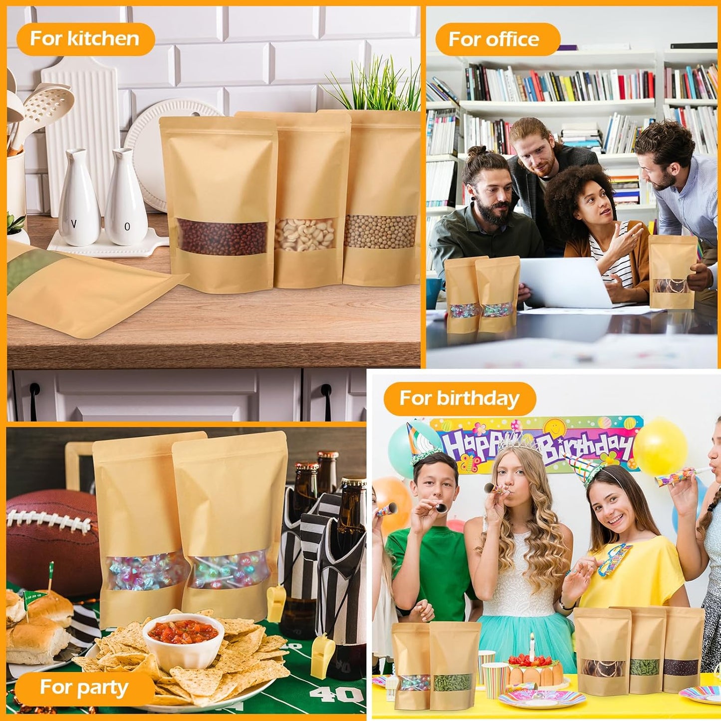 Geosar 300 Pcs Kraft Bags with Window 8 x 12 Inch Stand Kraft Pouches Bulk Zipper Paper Pouches Food Storage Reusable Heat Sealable Bags for Packaging Home Business