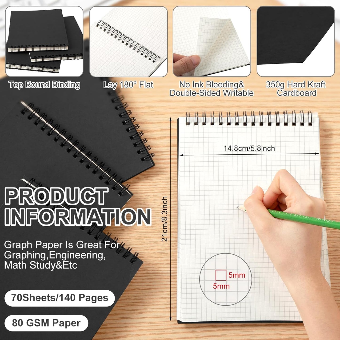 8 Pack Graph Paper Spiral Notepad A5 Top Wirebound Notepad Grid Notebook Steno Pads Memo Notebook Grid Paper 140 Pages for Writing Sketching Drawing Office Supplies (Black)
