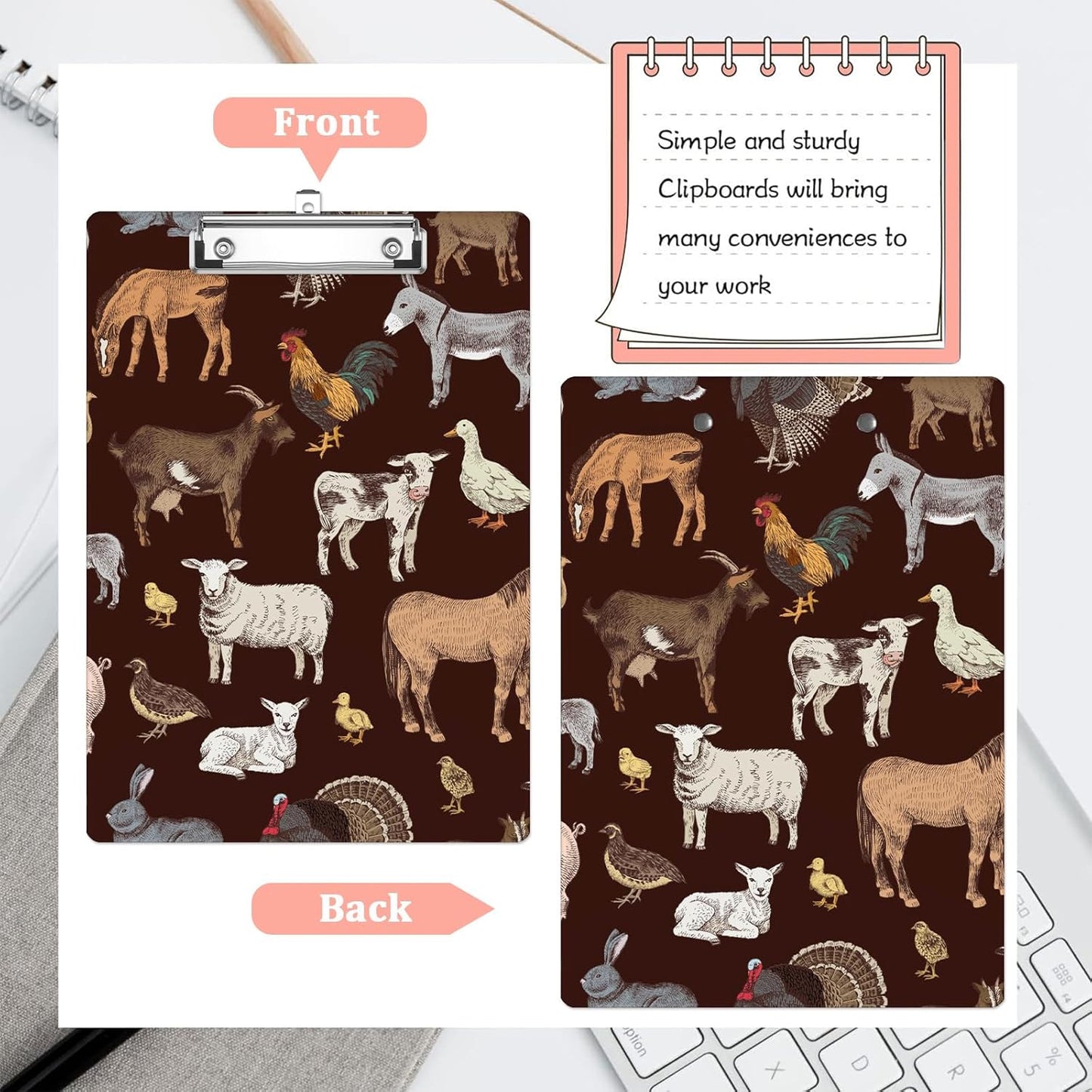 Cute Farm Animals Plastic Clipboards,Cute Fashion Clipboard Decorative 8.5" x 12.5"Standard A4 Size Clipboards,Acrylic Clipboard for Teacher,Social Worker,Students,Nurse,Office Supplies
