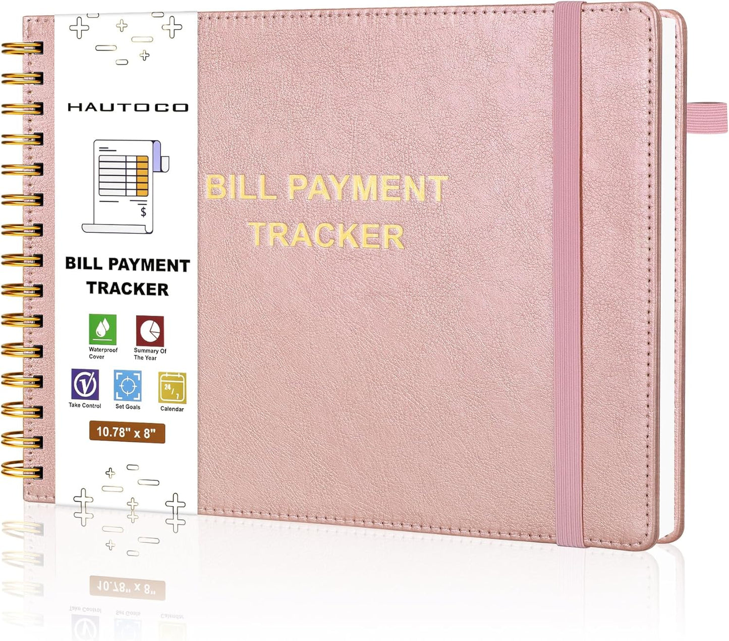 HAUTOCO Hardcover Bill Tracker Notebook Horizontal Monthly Bill Payment Organizer for Personal Budgeting Home Finance with 2 Storage Pocket Expense Checklist Tracking Planner 10.78 x 8'', Rose Gold