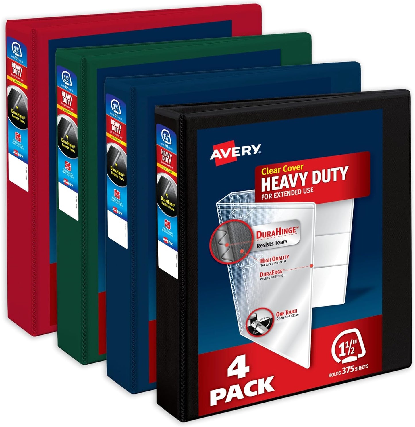 Avery Heavy-Duty View 3 Ring Binders, 1.5 Inch One Touch Slant Rings, 375-Sheet Capacity, Assorted Dark Colors, 4-Pack (79635) – for School, Office, Teachers, Classrooms & Home Organization