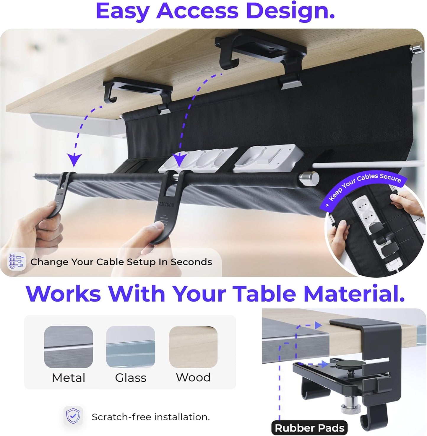 Original No Drill Under Desk Cable Management Tray 27.3" - Premium Black Fabric Cable Management Under Desk - Clamp/Screw Mount Cord Organizer - Supports Upto 66lbs