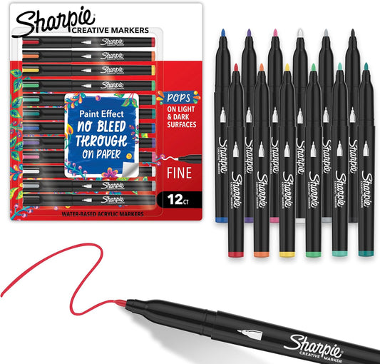 Sharpie Creative Markers, Water-Based Acrylic Paint Markers, Fine Tip, Assorted, 12 Count