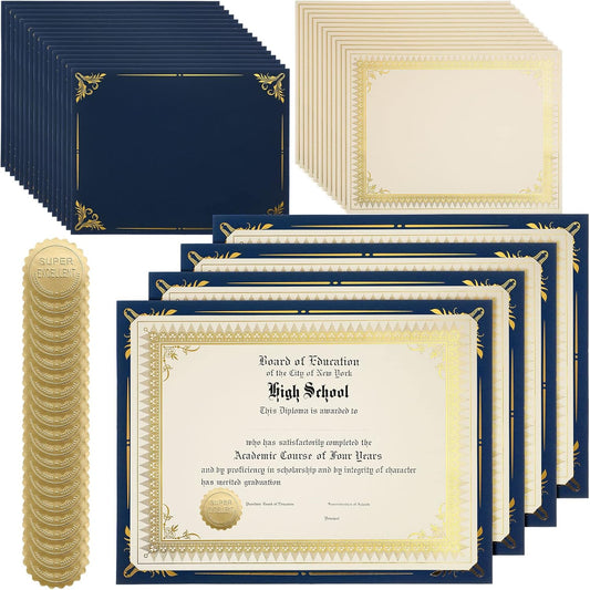 Fainne 50 Sets Certificate Kit Includes 50 Pcs 9.5 x 12 Inch Certificate Holders 50 Pcs Letter Size Papers 50 Pcs Foil Award Seals Diploma Covers for Appreciation(Navy Blue, Gold)