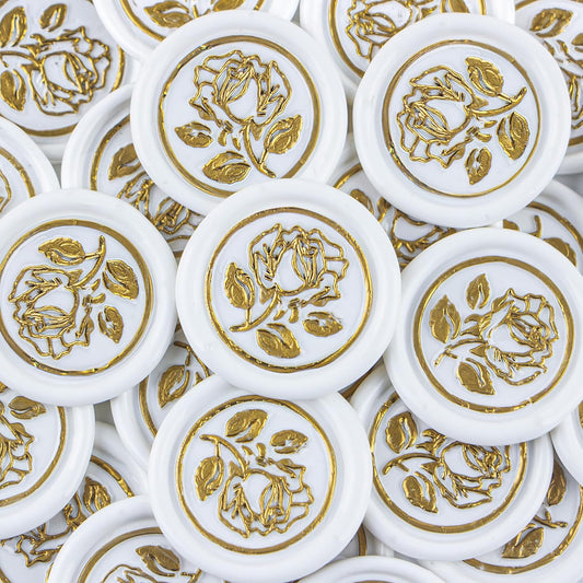 25Pcs Gold & White Wax Seal Stickers - Handmade Envelope Seals, Self-Adhesive Wax Stickers for Wedding Party Invitations, Envelope, Gift Wrap, Christmas (Gold Rose Style, White)