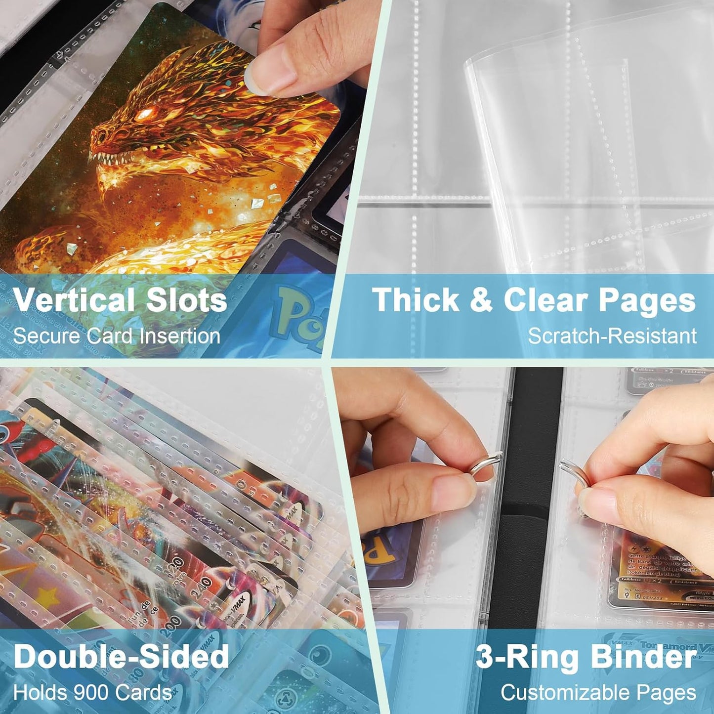 Dragon 9 Pocket Trading Card Binder Album, Holds 900 Cards with 50 Removable Double-Sided Sleeves, Waterproof PU Leather Zipper Binder for TCG, MTG, Sports Cards