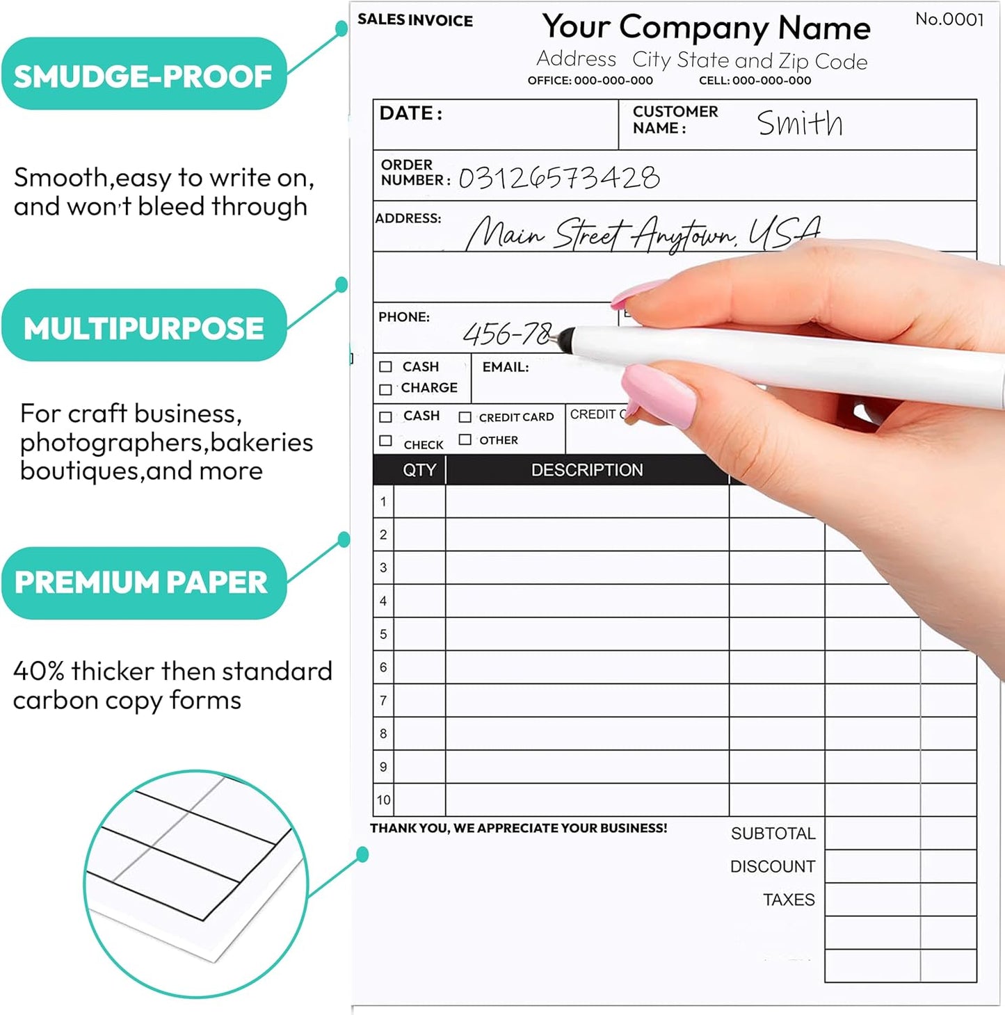 Custom 5.5" X 8.5" Invoice Receipt Book, (100 Sets) Carbonless NCR Invoice Book in 2-Part Duplicate Receipts, Estimates, Purchase Orders, Sales Orders, Price Forms with Your Company/Business Name