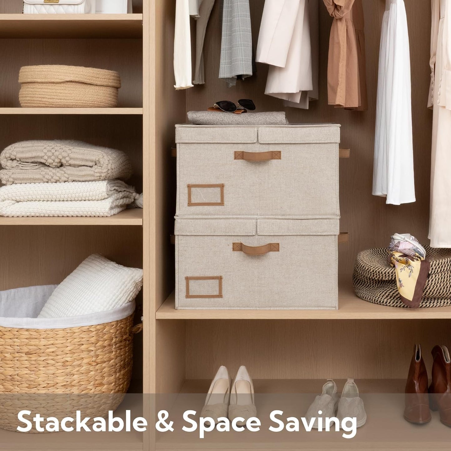 StorageWorks Large Clothes Storage Bins, Fabric Boxes with Divider Board, Baskets for Clothes, Linen Closet Organizers with Lid, Mixing of Brown & Beige, 2-Pack