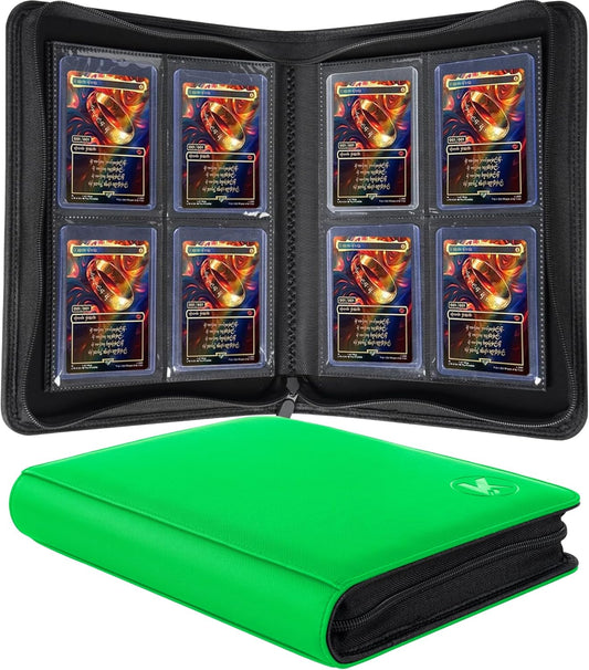 Toploader Binder, Holds 128+ Toploaders, 4 Pocket Top Loader Card Storage Case, Double-Sided Pockets for trading card in 3 x 4'' Toploaders (Grass Green)