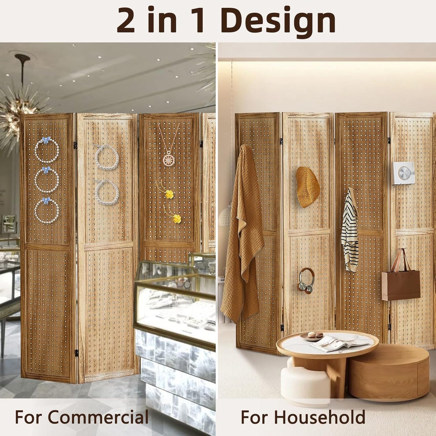 6 Panel Pegboard Display with 24 Hooks, Pegboard Room Divider and Folding Privacy Screens, Privacy Dividers for Rooms, Wooden Room Divider Wall, Jewelry Store, Bedroom, Balcony, Light Brown