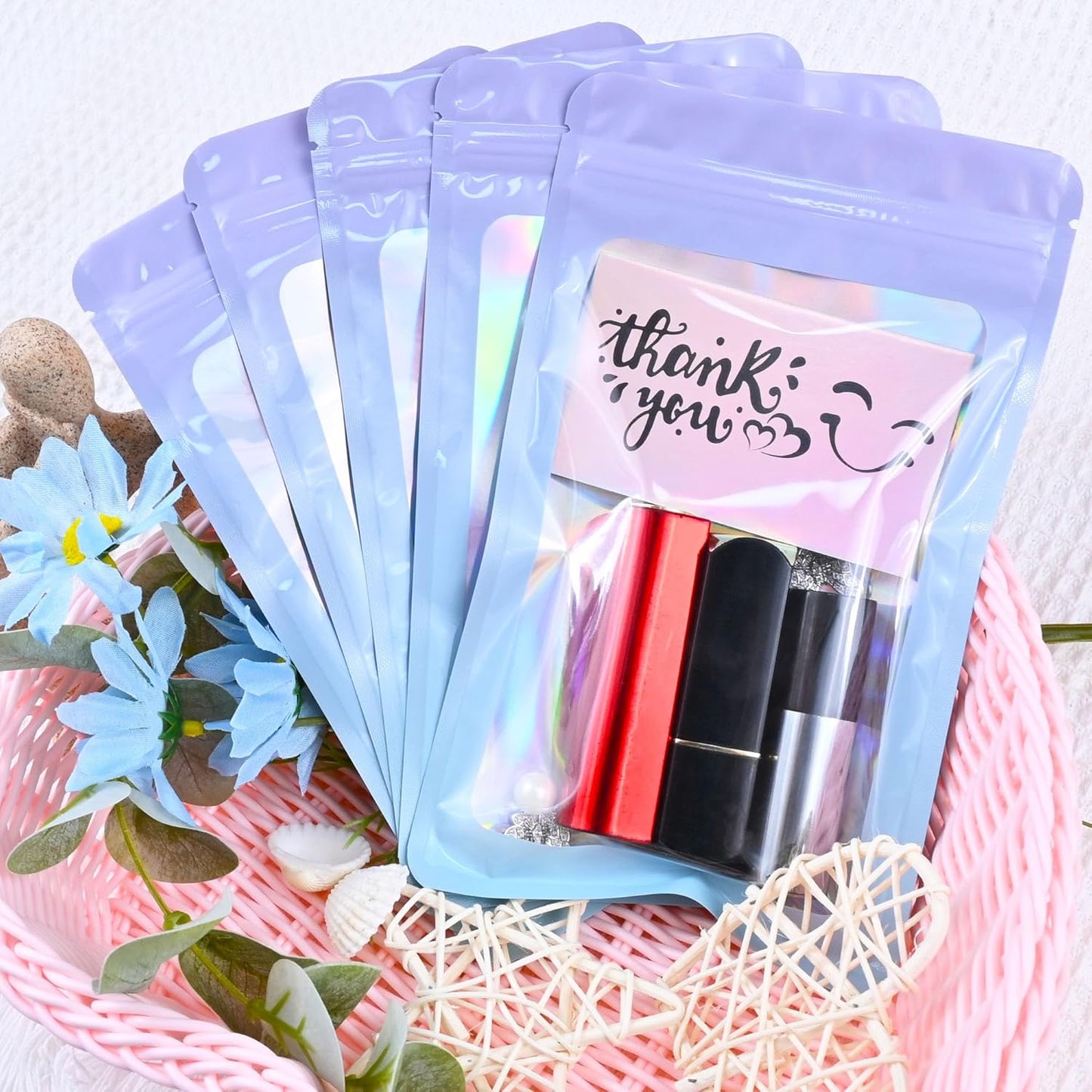 Resealable Mylar Pouch Pen Bags Great for Office Home Party Favor Food Storage Cookies Sample Jewelry Snack (100PCS, Pink and Blue Color, 6.3 x 9.5 inch)