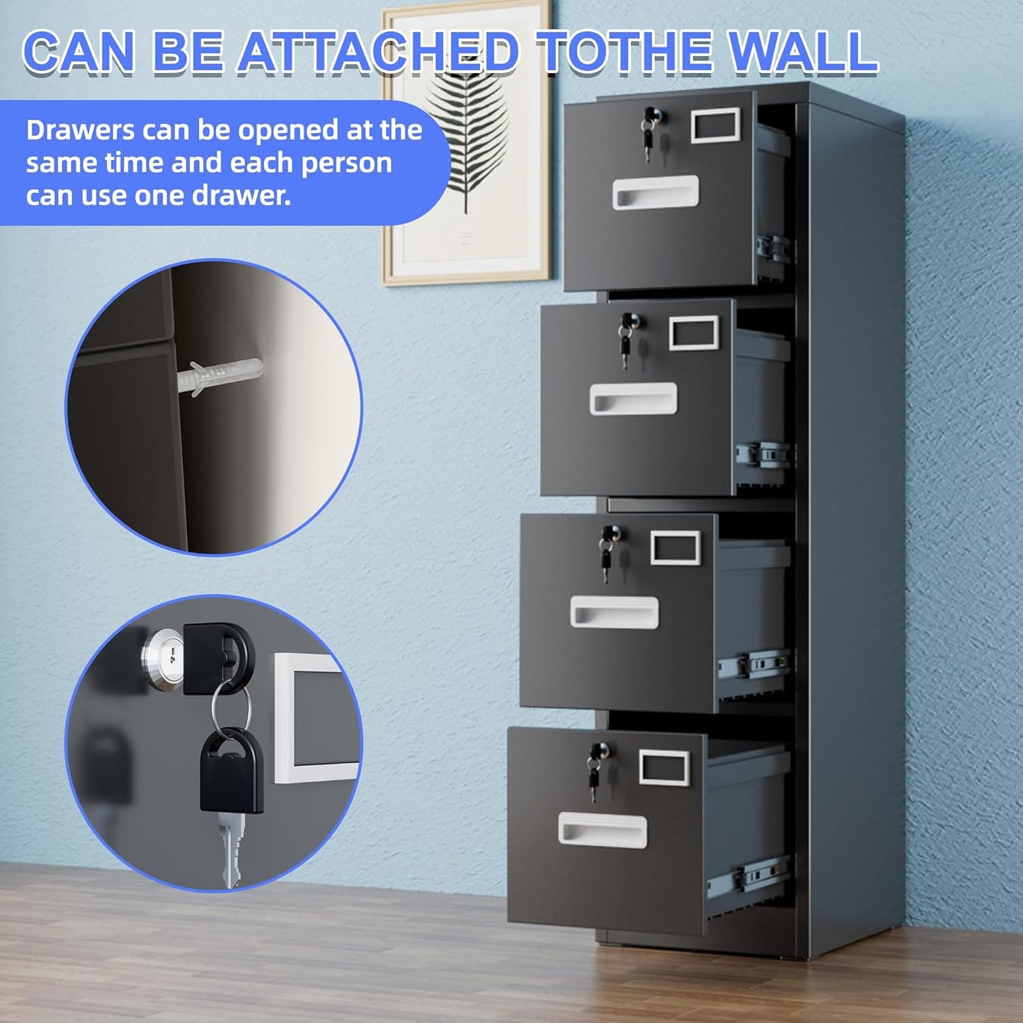 4 Drawer File Cabinet, Metal Vertical Black Filing Cabinets with Locks Name Card Holder for Home Office, Assembly Required