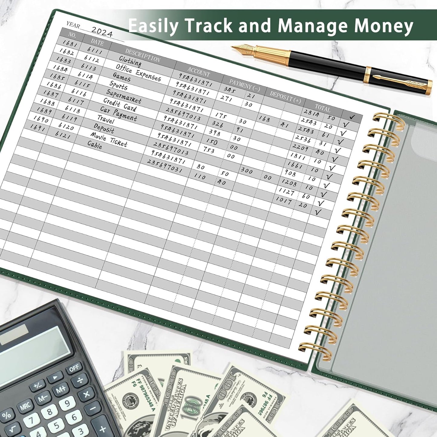 HAUTOCO Hardcover Accounting Ledger Book for Small Business Bookkeeping Horizontal Money Expense Tracker Notebook with 2 Storage Pouch, Personal Columnar Log Journal 10.78 x 8'', Dark Green