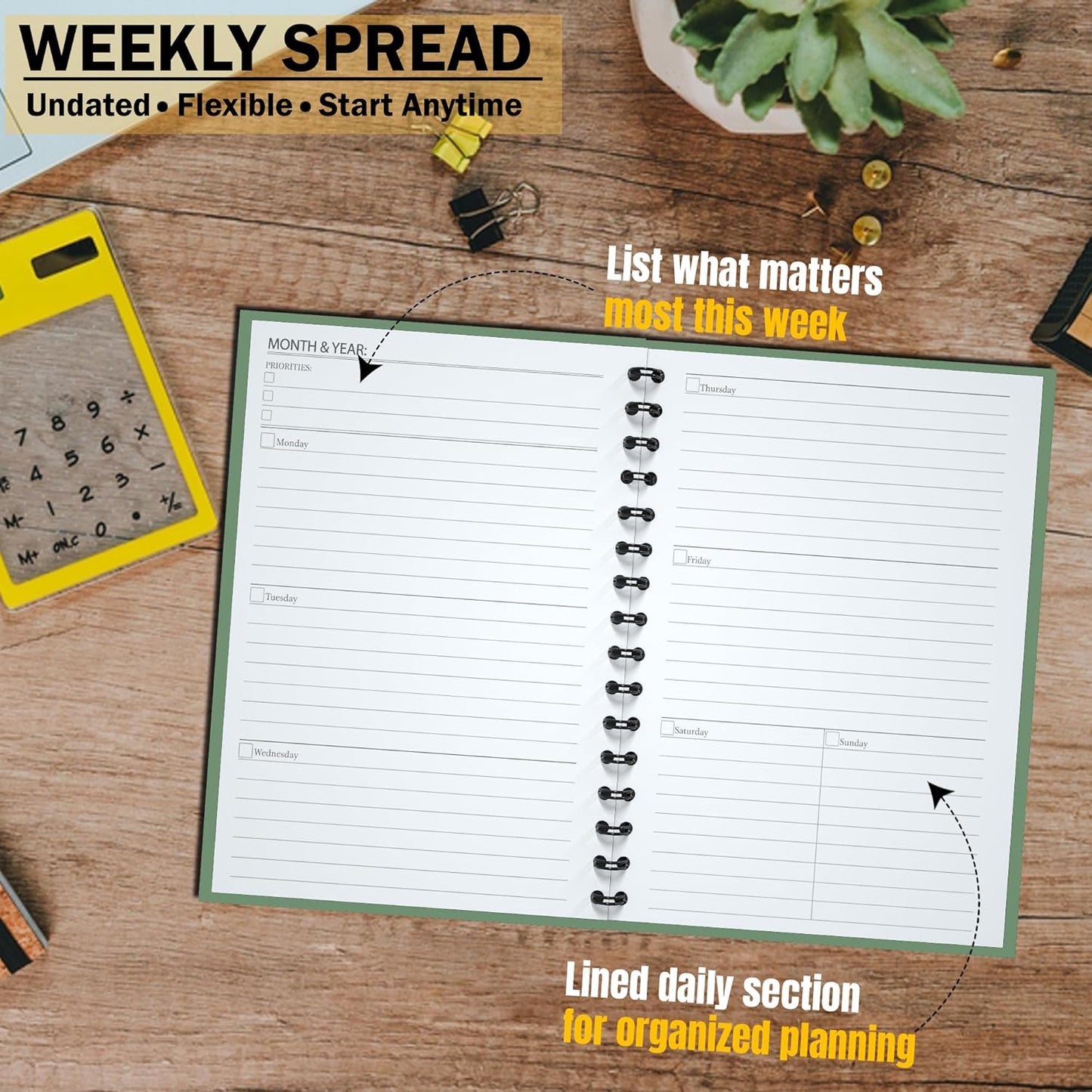 Undated Monthly and Weekly Planner - 12 Month Calendar Planner Notebook with Week Days - Hardcover Undated Planners Blank Agenda Book - A5 Green