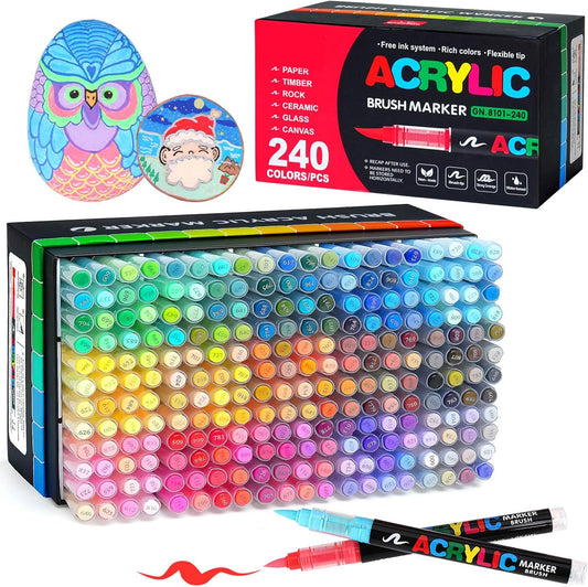 240 Acrylic Paint Markers, Soft Brush Tip Acrylic Markers for Rock Painting, Wood, Stone, Glass, Canvas, Fabric, Ceramic - Brush Tip Water Based Acrylic Markers Pens