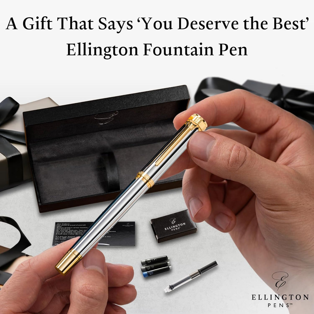 Luxury Fountain Pen Set- Fountain Pens for Writing - Smooth Fine Nib - Includes Refillable Ink Converter, 3 Ink Cartridges [Black & Blue], Gift Box - Elegant Calligraphy
