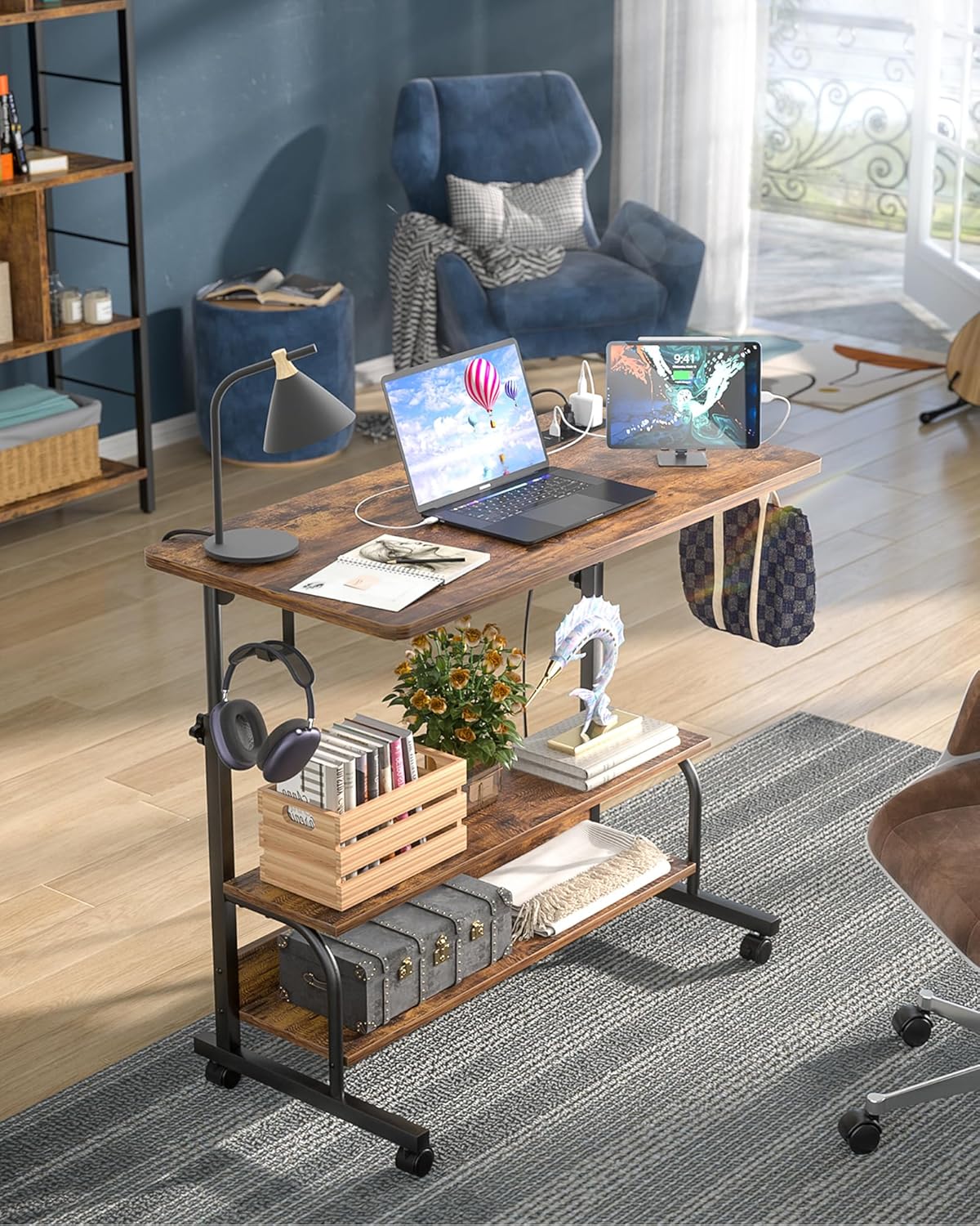 Height Adjustable Standing Desk with Power Outlets, 32" Manual Stand Up Desk with Storage Shelves Small Mobile Rolling Computer Desk Portable Laptop Table with Wheels for Home Office, Rustic