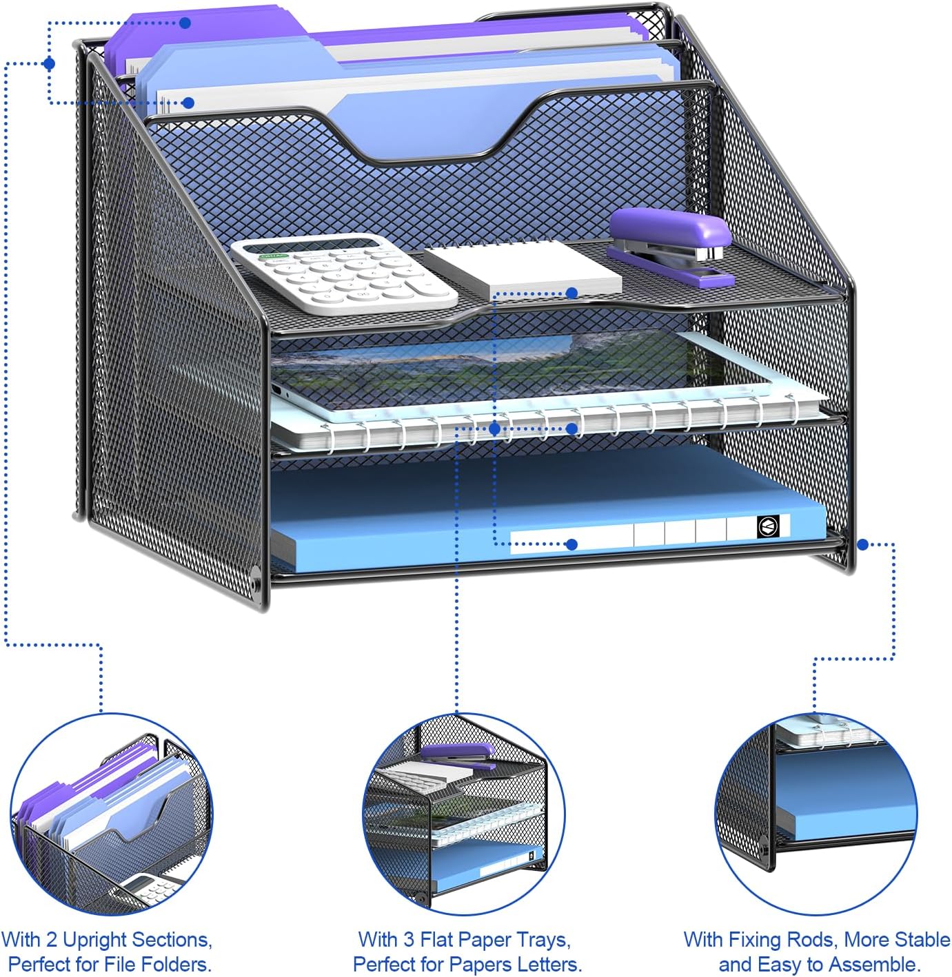 Samstar Desk File Organizer, Mesh Letter File Folder Holder with 3 Paper Trays and 2 Vertical Upright Section, for Office Supplies,Desk Accessories & Workspace,Black.
