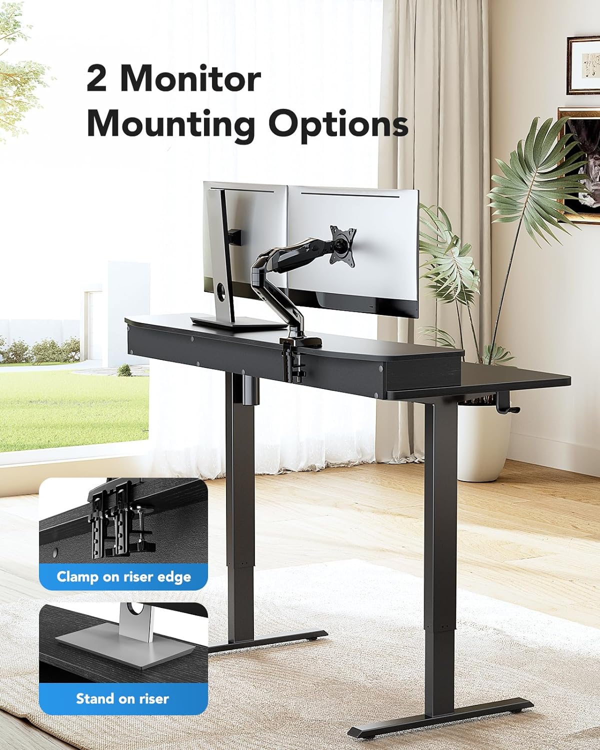 HUANUO 60″ x 30″ Electric Standing Desk with 2 Drawers, C-Clamp Mount Compatible, Height Adjustable Computer Desk, Home Office Stand Up Desk with 4 Preset Heights & 2 Hooks, Black