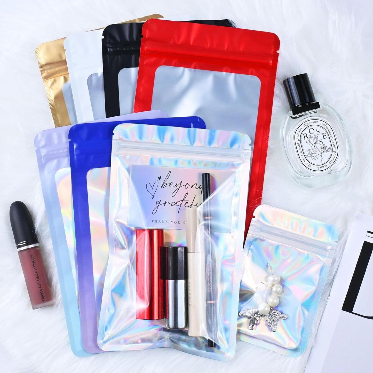 Resealable Mylar Pouch Bag Great for Office Home Party Favor Food Storage (100PCS, Holographic Color, 2.4 x 4 inch)