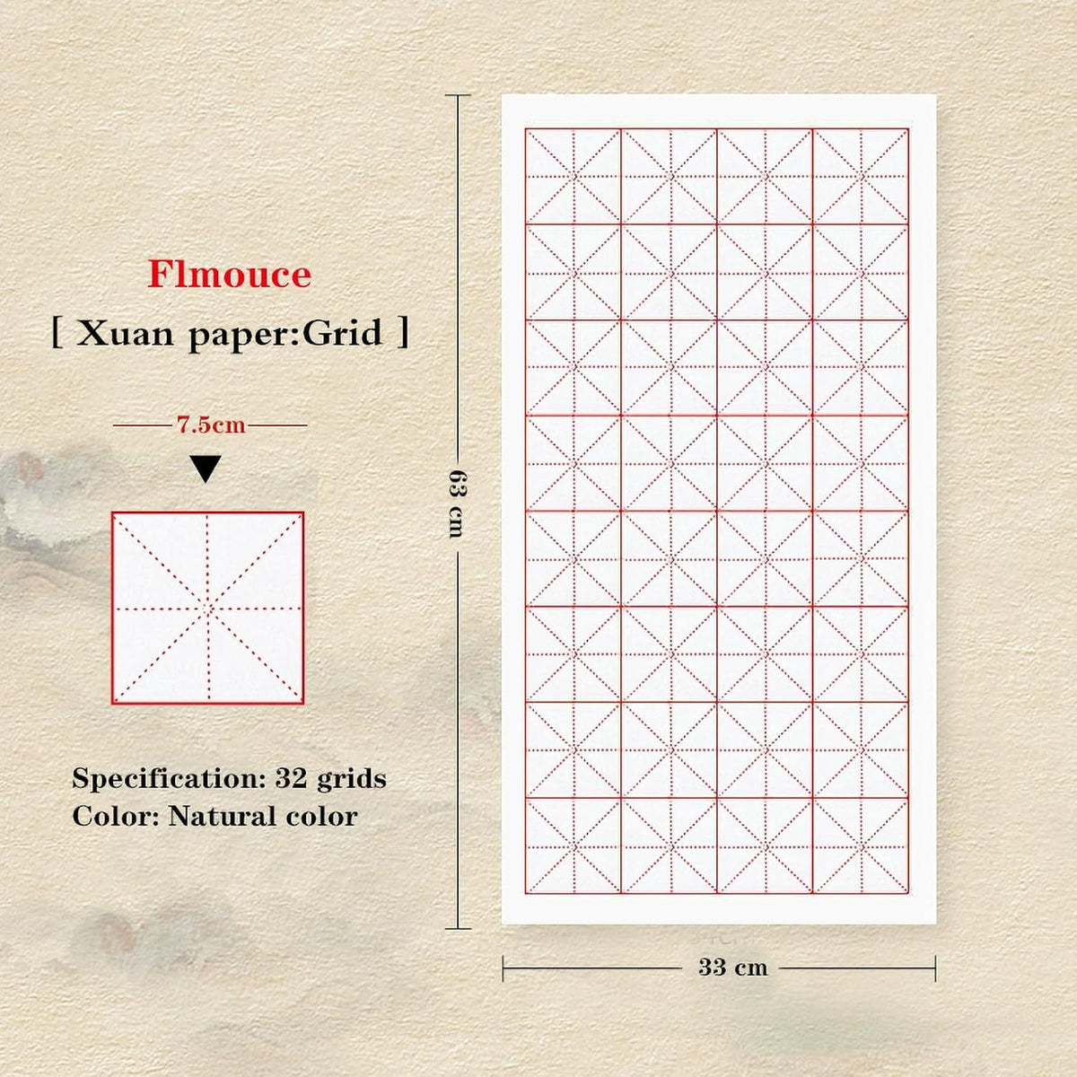 Xuan Paper, Chinese Calligraphy Paper with Grid for Practice, Rice Paper for Brush Writing(White, Grid-7.5cm,100 Sheets)