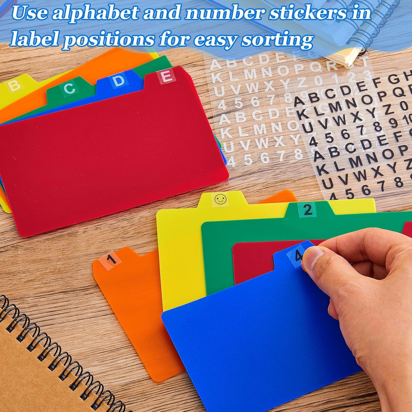 Lewtemi 50 Pcs Index Card Dividers 3 x 5 Inch Index Card Dividers with Tabs Guides with 2 Pcs Alphabet Number Stickers for Office Recipe Business (Assorted Color)