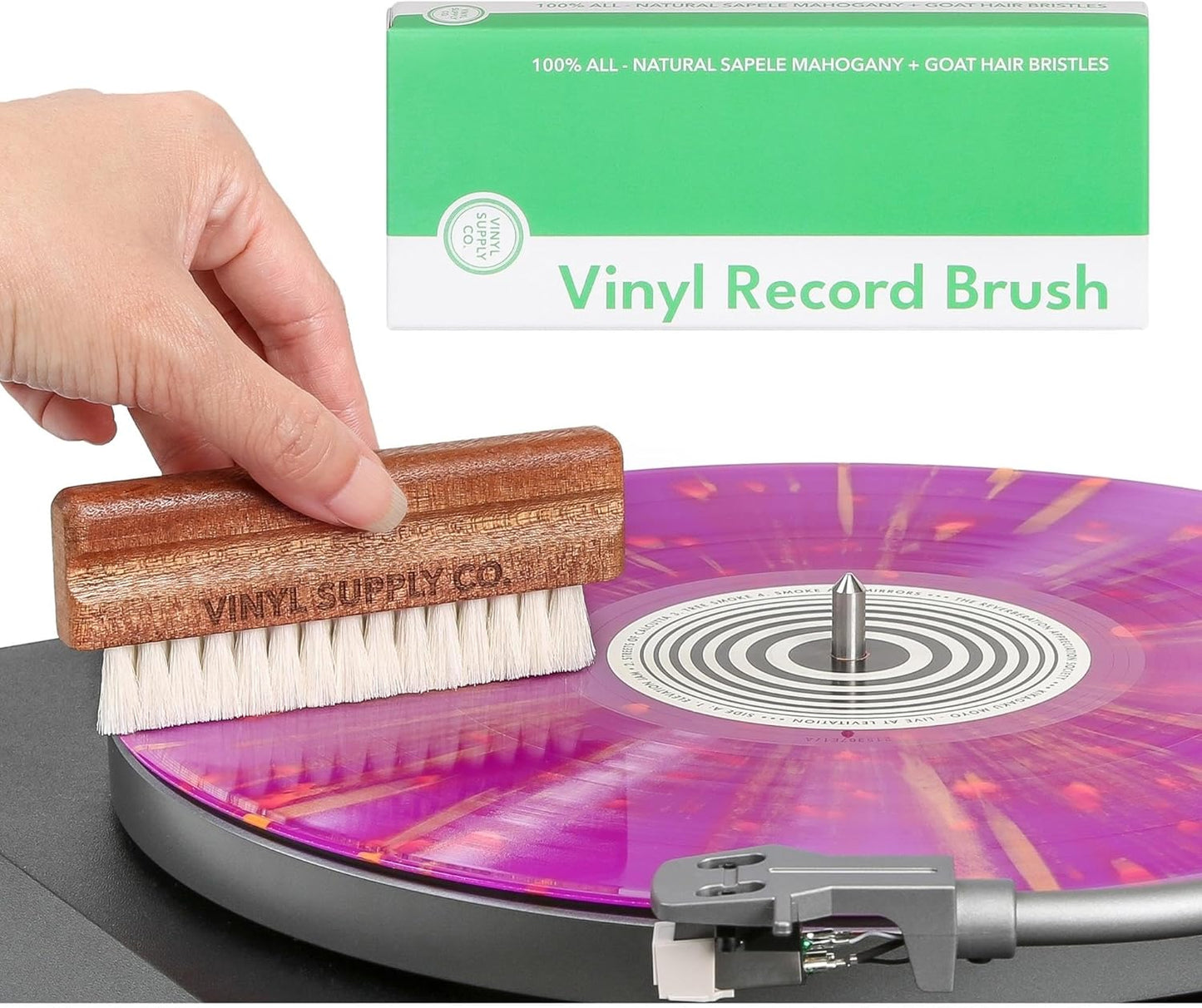 Vinyl Record Goat Hair Brush by Vinyl Supply Co. - 100% All-Natural Wood Vinyl Care Kit - Goat Hair Vinyl Record Brush, Velvet Brush Pad, & Stylus Brush Cleaner (Goat Hair Brush)