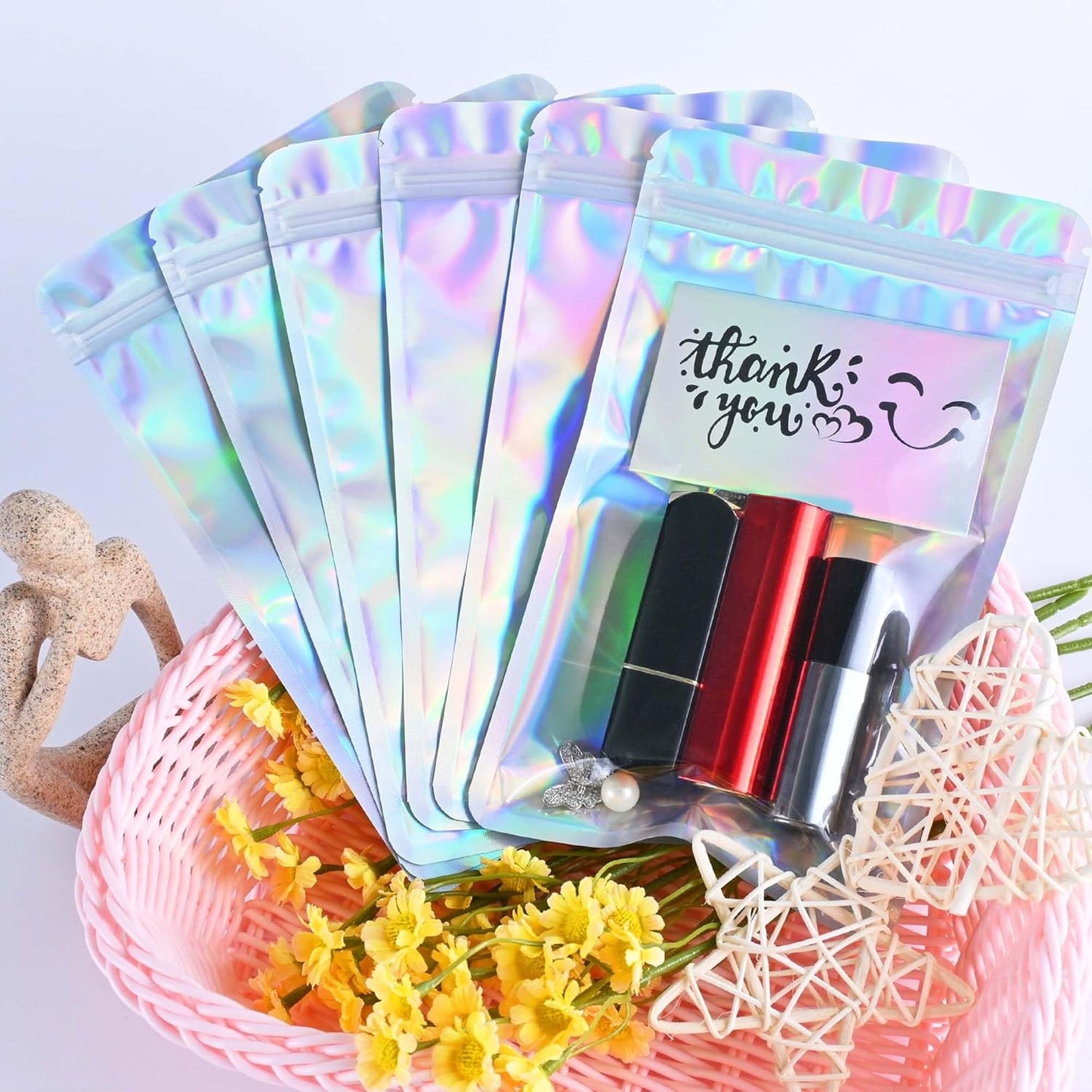 Resealable Mylar Pouch Bag Great for Office Home Party Favor Food Storage (100PCS, Holographic Color, 3.5 x 6.3 inch)