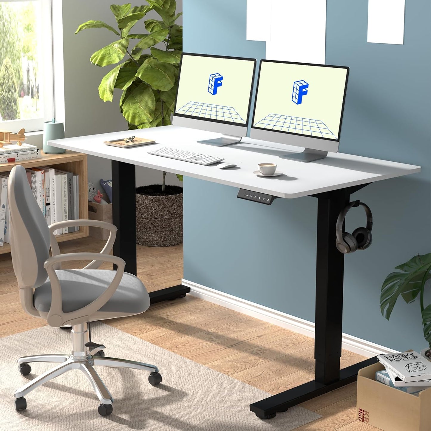 FLEXISPOT EN1 Whole-Piece Standing Desk, 55 x 28 Inches Electric Stand Up Desk for Workstation and Home Office (Black Frame + 55" White Top, 2 Packages)