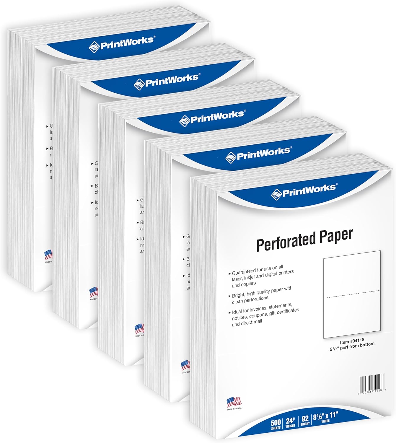 PrintWorks Professional Half Sheet Perforated Paper 8.5” x 11” - Perfect For W-2, 1099, & Statement Use - Made in the USA - 2500 Sheets - 20 lb - A5 Paper - Printer Compatible - White (04116C)