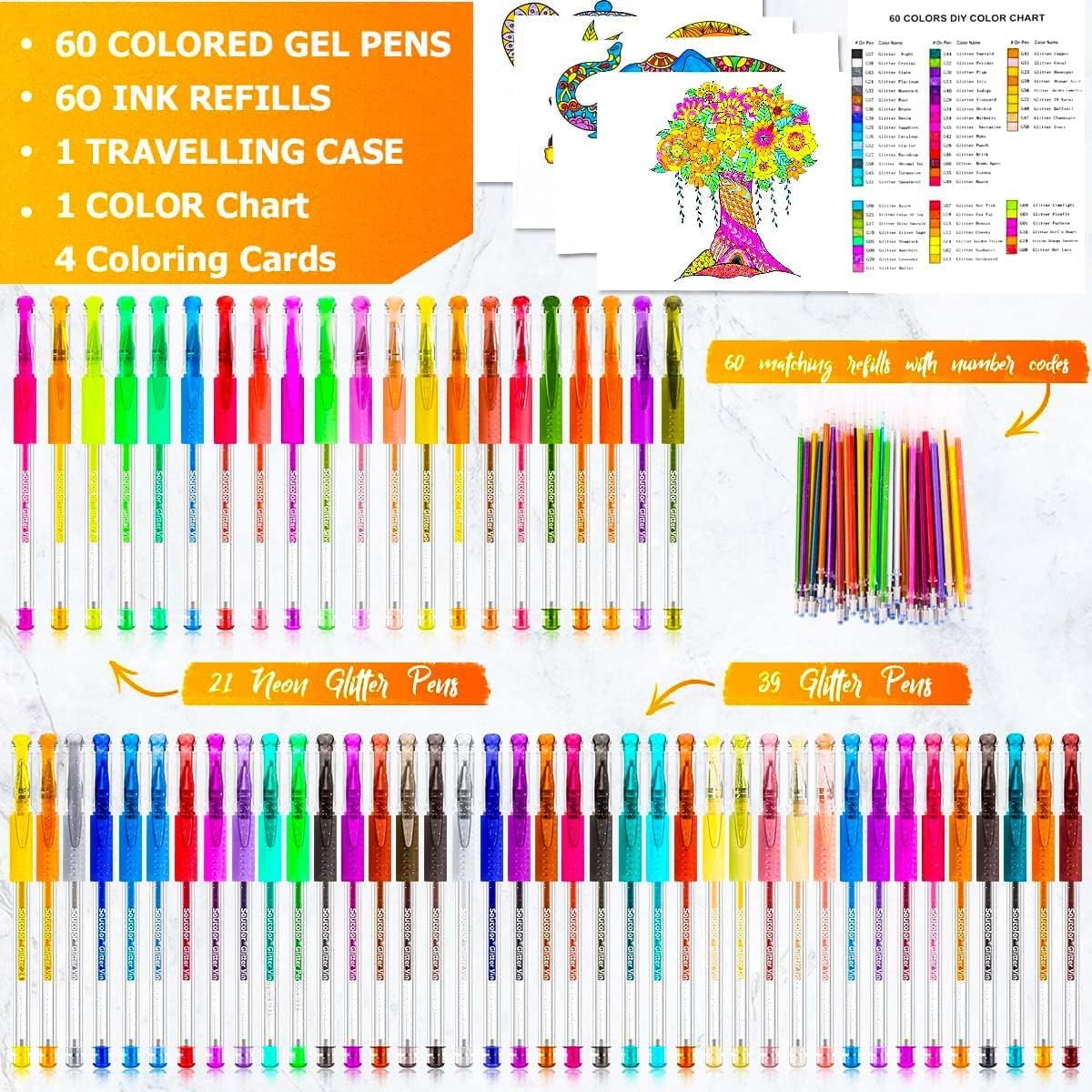 Soucolor Teen Girl Gifts Trendy Stuff, Glitter Gel Pens for Adult Coloring Books, 120 Pack-60 Glitter Pens, 60 Refills and Travel Case, 40% More Ink Markers Set for Preppy School Stuff Journaling