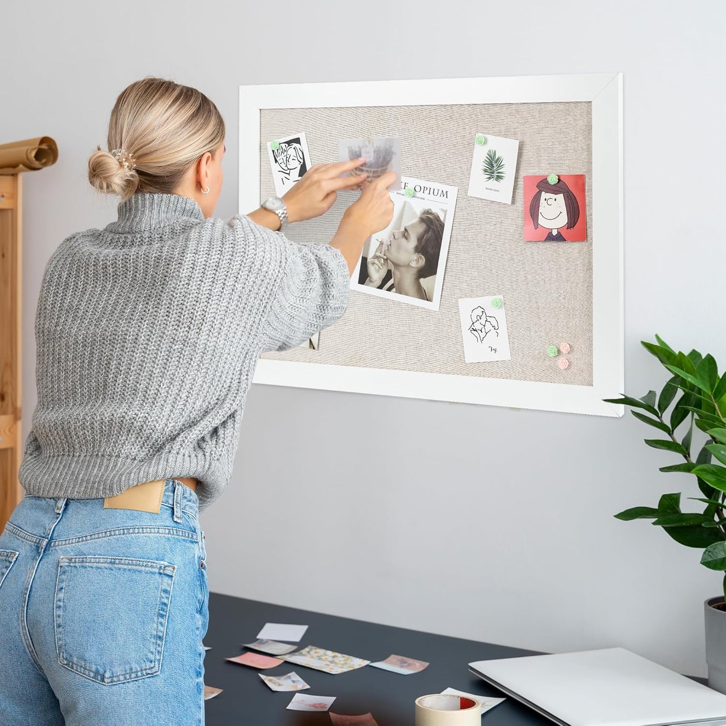 Board2by White Cork Board Bulletin Board with Linen, Wood Framed 24" x 18" Corkboard, Office Board for Wall Decor, Wall Mounted Pin Board Picture Board with 20 Pushpins for School, Home & Office