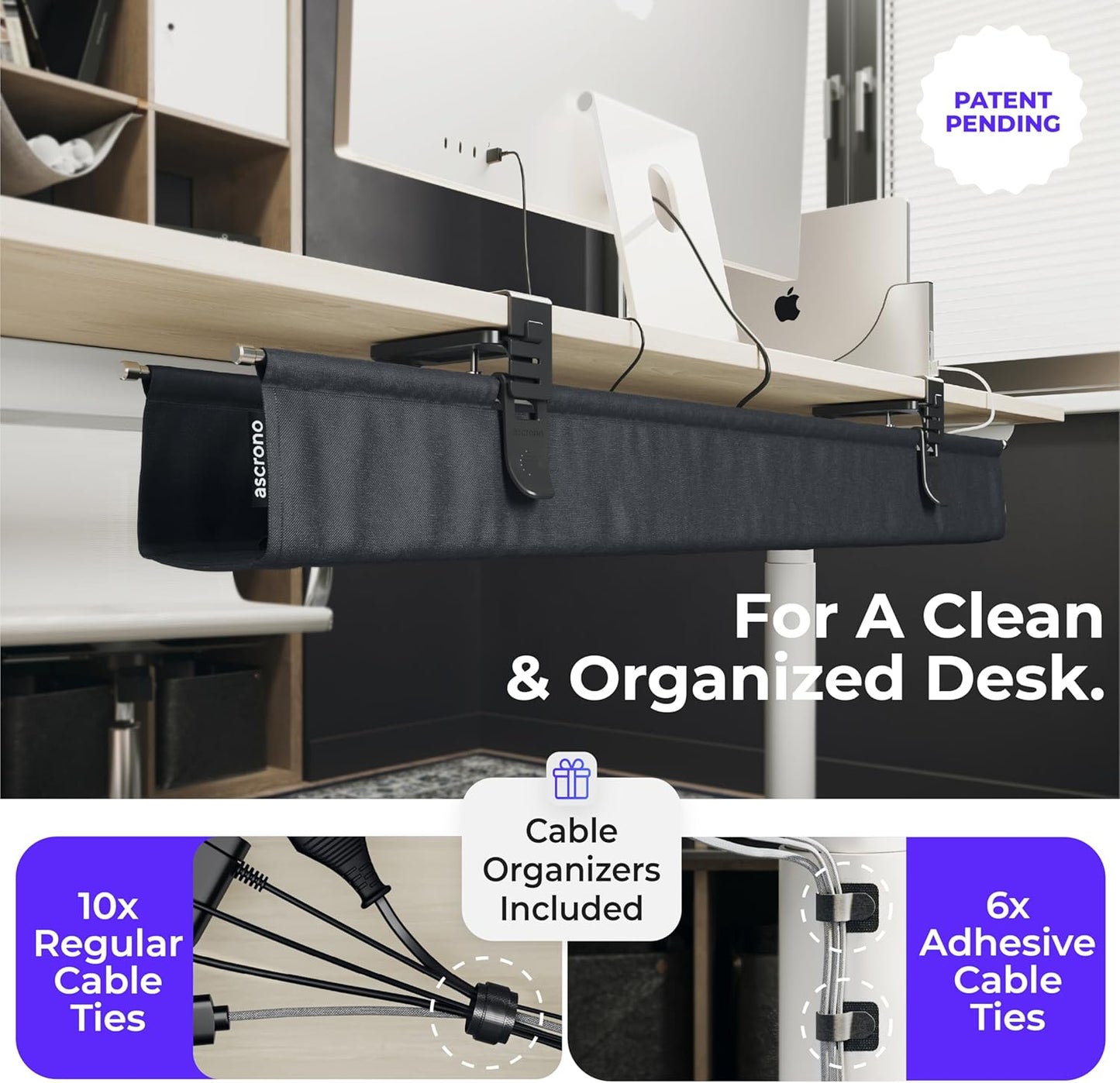 Original No Drill Under Desk Cable Management Tray 27.3" - Premium Black Fabric Cable Management Under Desk - Clamp/Screw Mount Cord Organizer - Supports Upto 66lbs