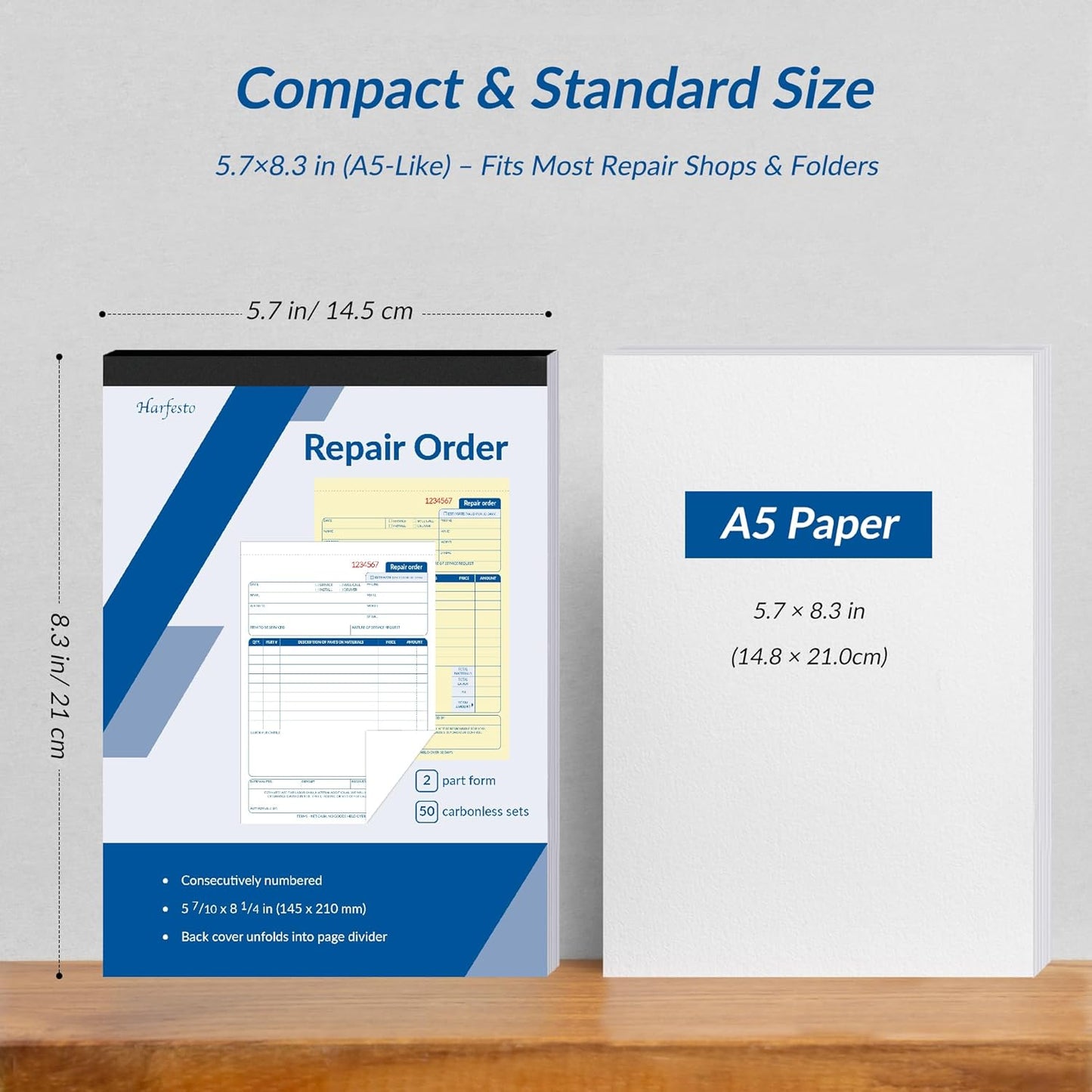 Repair Order Book, 2 Part Carbonless Job Work Order Forms - White/Yellow, 5-7/10 x 8-1/4 Inches, Invoice Receipt Book for Small Business, Consecutively Numbered, 100 Sets (2 Packs)