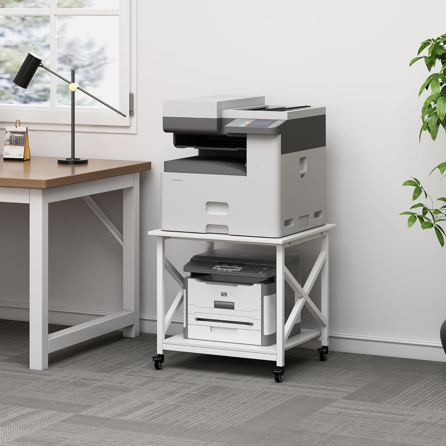 23.6 x 23.6 Inches Large Printer Stand, 2 Tier Square Printer Table with Storage Shelf for Home Office, Multi-use Rolling Cart with Wheels for Laser, 3D Printer and Mini Fridge - White