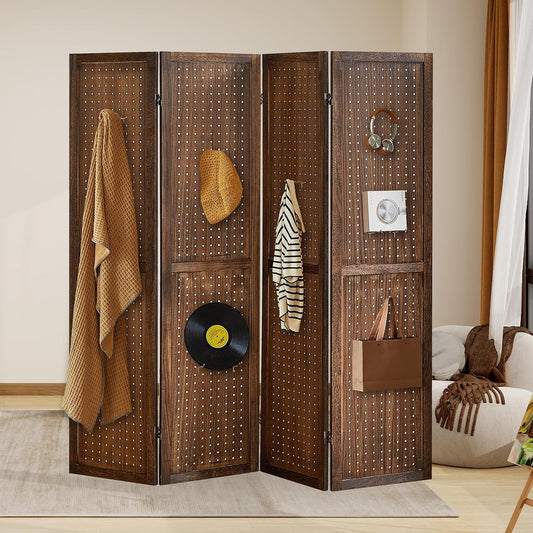 4 Panel Pegboard Display with 16 Hooks, Wooden Room Divider Wall and Folding Privacy Screens, Privacy Dividers for Rooms, Pegboard Room Divider, Jewelry Store, Bedroom, Balcony, Dark Brown
