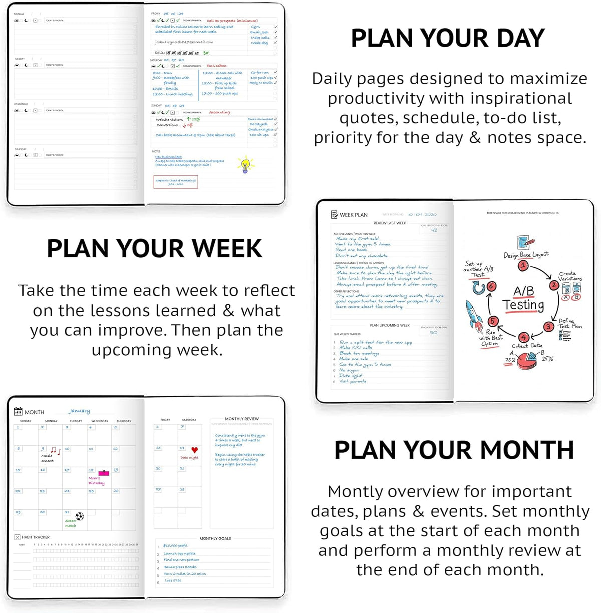 Undated Daily Planner – 1-Year B5 Productivity Organizer with Two-Page Weekly Spread, Goal Setting, Habit Tracker, Weekly & Monthly Pages – Hardcover Time Management Notebook (Black)