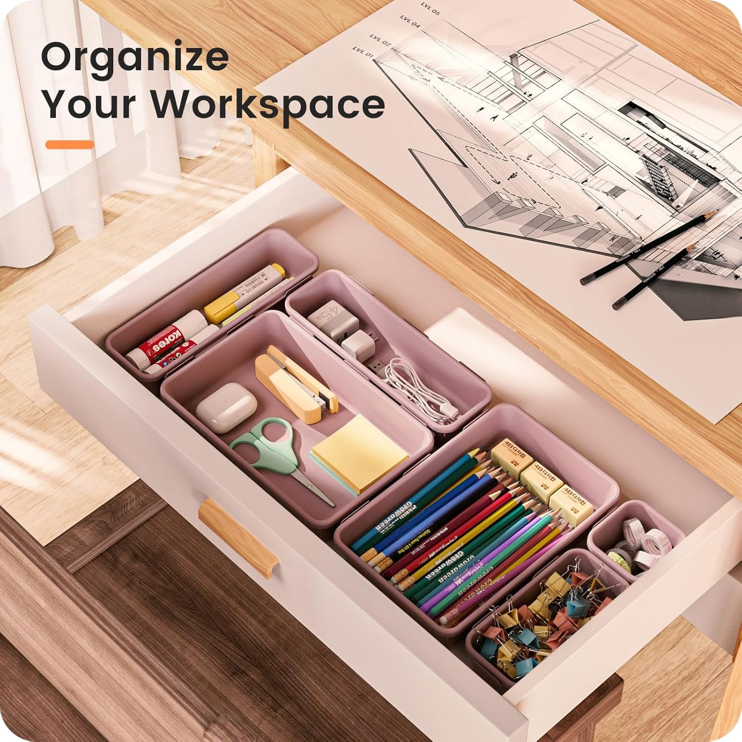 【28PCS】A-LUGEI Drawer Organizer, Bathroom Organizers and Storage, Makeup organizer, Desk drawer organizer, Storage Bins for Kitchen Office Bedroom Vanity Jewelry Pantry Garage【Purple】【4Size】